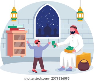 Traditional Saudi Man wearing thawb and shemagh Cash Giving to Kids concept, Eidi Money Generosity and Giving vector icon design, Ramadan and Eid al-Fitr Banner Muslim fasting month scene, Arab