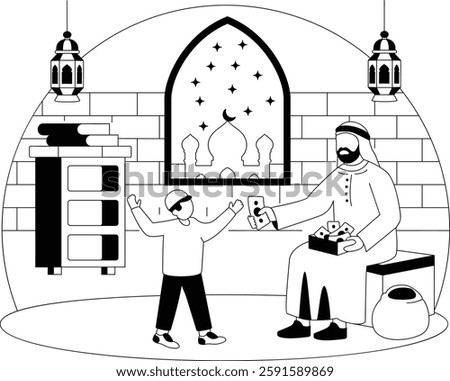 Traditional Saudi Man wearing thawb and shemagh Cash Giving to Kids concept, Eidi Money Generosity and Giving vector icon design, Ramazan and Eid al-Fitr Banner Muslim fasting month story, Arab