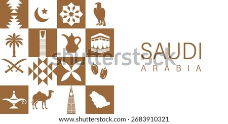Traditional Saudi Pattern Designs with Saudi Arabia Icons in Beige Background for Cultural Heritage Concept. Saudi National Day. islamic background.
 