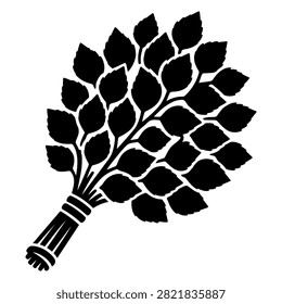 traditional sauna bath broom made from tied leafy branches, shown as a black silhouette icon and isolated on a white background.