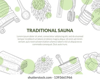 Traditional Sauna Poster, Banner with Place for Text and Hand Drawn Bath Accessories, Birch Broom, Bucket, Towel, Brush, Thermometer Vector Illustration