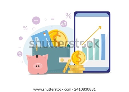 Traditional saving methods and modern financial technology. A piggy bank, wallet with a credit card, cellphone with an application displaying a rising graph