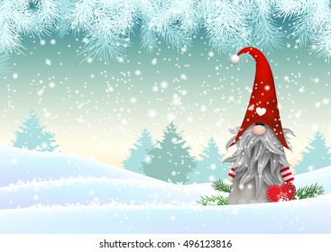 Traditional scandinavian christmas gnome named Tomte standing in winter landscape christmas motive, vector illustration, eps 10 with transparency