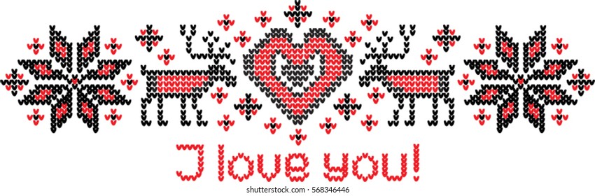  Traditional Scandinavian Embroidery Deer Valentine's Day Christmas Heart Love Lettering Vector