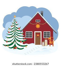 Traditional Scandinavian house, Christmas tree, Yule goat and wooden lanterns with candles. Flat vector illustration.