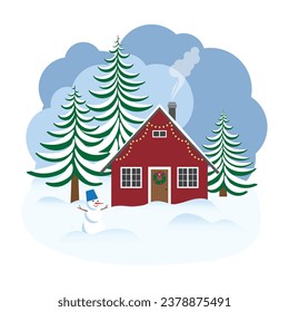 Traditional Scandinavian house in winter. Christmas in the village. Flat vector illustration.

