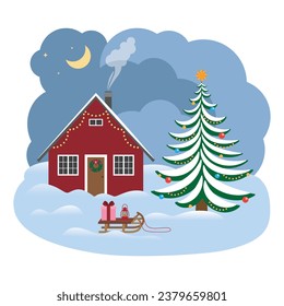 Traditional Scandinavian house in winter. Christmas night. Flat vector illustration.