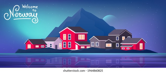 Traditional Scandinavian houses on northern lights background.