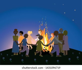 Traditional scandinavian midsummer fire celebrating saint Hans. Vector Illustration.