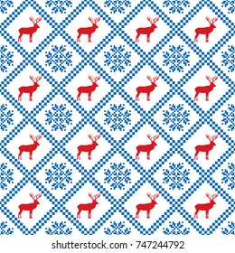 Traditional scandinavian pattern. Nordic ethnic seamless background. Texture in red, blue and white colors. Vector illustration. Can use for warm clothes design, Christmas and new year background