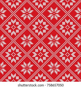 Traditional scandinavian pattern. Nordic ethnic seamless knitted background. Textures in red and white colors. Vector illustration. Can use for warm clothes design, Christmas and new year background