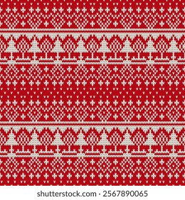 Traditional Scandinavian Winter Knitted Pattern, Christmas and Holiday Theme, Red and White Texture. Seamless Nordic Knitted Pattern with Trees, Heart Motifs and Snowflakes. Vector illustration.