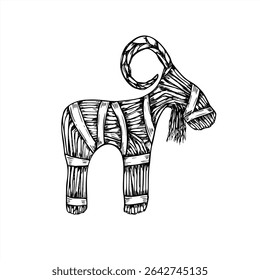Traditional Scandinavian Yule goat made of straw with ribbons monochrome vector illustration. Julbock line art black ink sketch for Christmas decor, Nordic holiday, folk art, rustic winter packaging