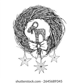 Traditional Scandinavian Yule wreath with birch branches, straw goat centerpiece and decorative stars monochrome vector illustration. For Nordic holiday, Christmas packaging, rustic winter invitation.