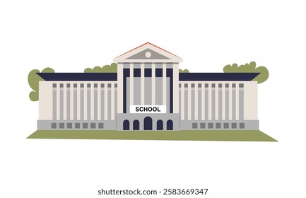 Traditional School Building With Pillars And Trees, Flat Vector Illustration Symbolizing Education, Learning, Academic Institution, Knowledge, Campus, Isolated On White Background