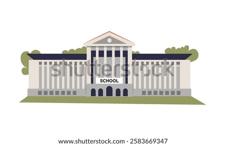 Traditional School Building With Pillars And Trees, Flat Vector Illustration Symbolizing Education, Learning, Academic Institution, Knowledge, Campus, Isolated On White Background