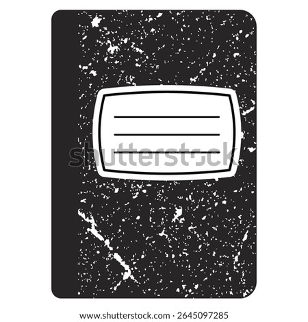 Traditional school composition notebook cover design in black and white with grunge texture and editable title label area. Classic black and white marble composition notebook cover with a label for