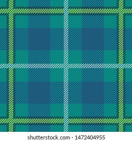 Traditional Scottish kilt pattern. Seamless vector print with elegant checkers. Winter textile collection. Blue, green.