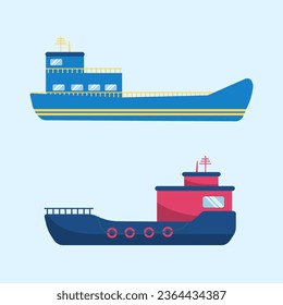 Traditional sea ship, maritime transport collection. Sea motor ship, ocean sailboat, yacht and catamaran, isolated marine transport. Delivery cruise boat and sailboat. Vector illustration,EPS 10.