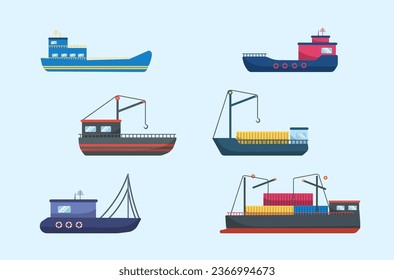 Traditional sea ship, maritime transport collection. Sea motor ship, ocean sailboat, yacht and catamaran, isolated marine transport. Delivery cruise boat and sailboat. Vector illustration,EPS 10.