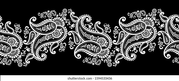 Traditional seamless black and white Asian paisley border