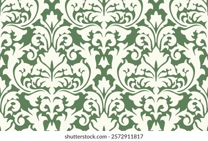 Traditional seamless damask design in green and white featuring intricate ornamental floral motifs.