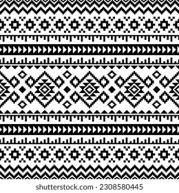 Traditional seamless ethnic pattern. Pixel pattern with Native American tribal motive. Border ornament. Black and white color. Design for textile, fabric, clothing, curtain, rug, ornament, background.