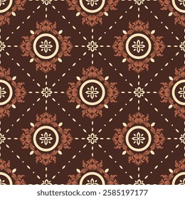 Traditional seamless geometric ethnic pattern. Decorated with brown carpet flowers.