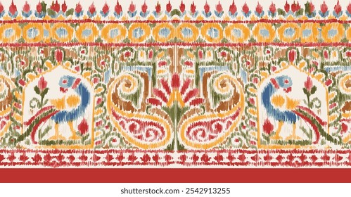 design tradicional de borda de ikat sem costura. desenhado à mão aves ikat vetor de borda. Padrão kalamkari geométrico sem costura. design tradicional indiano arte fronteira com papagaio.paisley fronteira sem costura.