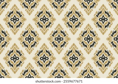 Traditional seamless ikat pattern with green and gold ethnic motifs. Tribal abstract embroidery design for textiles, rugs, boho wallpapers, vintage fabrics, folk art inspired ornaments from heritage.