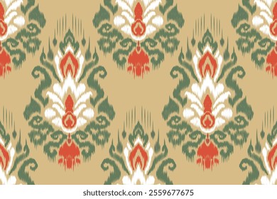 Traditional seamless ikat pattern with green and gold ethnic motifs. Tribal abstract embroidery design for textiles, rugs, boho wallpapers, vintage fabrics, folk art inspired ornaments from heritage.