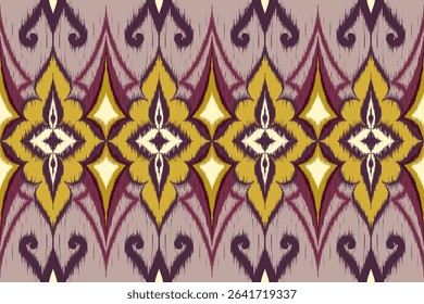 Traditional seamless Ikat pattern with Mustard Gold and Maroon Wine tones. Perfect for textile designs, fashion fabrics, ethnic wallpapers, and retro-style decorations.