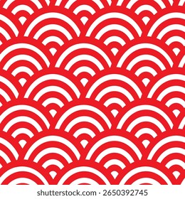 Traditional seamless Japanese wave pattern with repeating red and white semicircle arches inspired by Seigaiha motif.