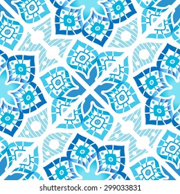 Traditional Seamless Mediterranean Ornament. Tile Pattern in Azulejo Style. Blue Colors on White. Vector Illustration