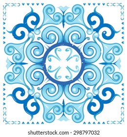 Traditional Seamless Mediterranean Tile Pattern. Majolica Style. Blue Colors on White. Vector Illustration
