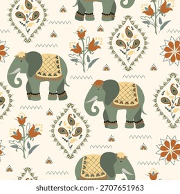 Patrón tradicional de Paisley sin costuras. Indio, adorno. Elefante, flores Abstractas. Vector