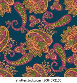 Traditional seamless paisley pattern. Vector Indian floral ornament.