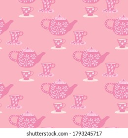 Traditional seamless pattern with doodle tea ceremony elements. Pink palette cafe print. Perfect for wallpaper, textile, wrapping paper, fabric print. Vector illustration.