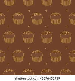 Traditional seamless pattern featuring festive panettone illustrations in brown and gold, repeating endlessly for holiday packaging, wrapping paper, textiles, and Christmas-themed backgrounds.