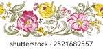 traditional seamless pattern floral border. hand painted watercolor  flower border. digital print design, textile print design, horizontal floral border design.