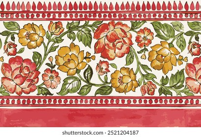 traditionelle nahtlose Muster Blumenrand. handgemalte Aquarell Blumenrand. digitales Print-Design, Textil-Print-Design, horizontale florale Rand Design.