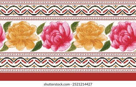 tradicional padrão sem emenda borda floral. vintage rosa e peônia borda flor. impressão floral têxtil. fronteira floral horizontal.