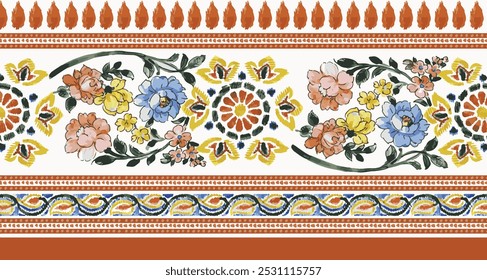 traditional seamless pattern floral border. hand painted watercolor  flower border. digital print design, textile print design, horizontal floral border design.