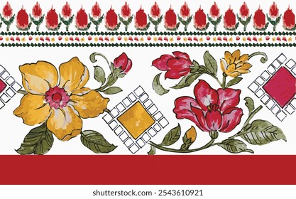 Patrón tradicional sin fisuras diseño de borde floral. Paisley flor sin fisuras border.watercolor arte de flores para la frontera segura.
Borde floral de damasco Vector.