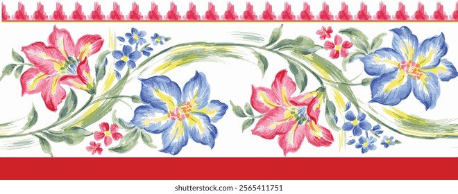 traditional seamless pattern floral border. hand painted watercolor flower border. digital print design, textile print design, horizontal floral border design.