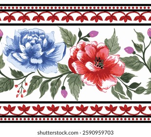 
traditional seamless pattern floral border design. hand drawn watercolor floral border art isolated on white background. saree border design in flower pattern. horizontal floral border.