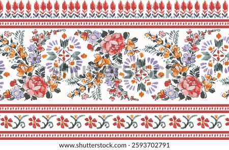traditional seamless pattern floral border. hand painted watercolor flower border. digital print design, textile print design, horizontal floral border design.