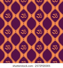 Traditional seamless pattern with Om symbol in purple and orange tones, a repetitive spiritual and decorative design inspired by Indian culture and meditation