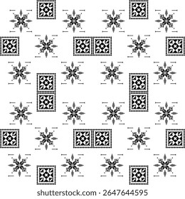 A traditional seamless pattern in pixel art style featuring symmetrical ethnic ornaments with a cultural and folk art influence. This vector design is ideal for use in textiles, embroidery