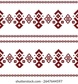 A traditional seamless pattern in pixel art style featuring symmetrical ethnic ornaments with a cultural and folk art influence. This vector design is ideal for use in textiles, embroidery